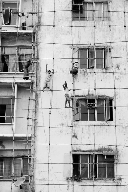 painters & decorators on bamboo scaffolding, Yangon Burma, by doss@yours